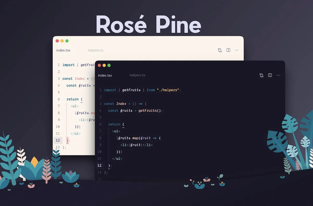 Visual Studio Code using Rosé Pine color theme atop a dark background with colorful tropical plants. Rosé Pine incorporates bright white, ochre gold, pine green, rosy pink, lavender and seafoam text on a dark indigo background.